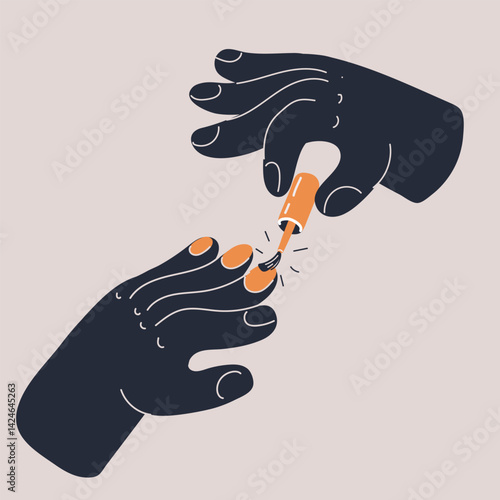 Cartoon vector illustration of a hand painting nails with nail polish, symbolizing self-care and beauty