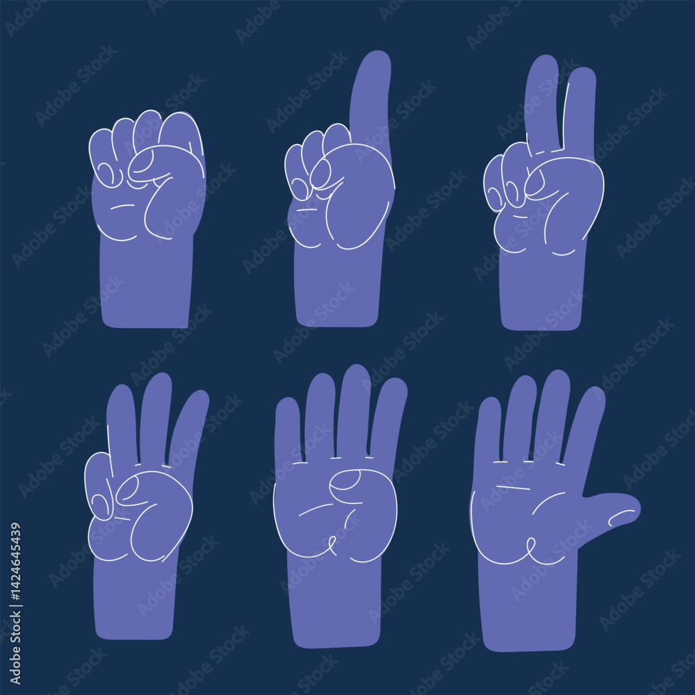 Fototapeta premium Cartoon vector illustration of hands displaying numbers with fingers, symbolizing progress and milestones on the journey to success against dark background