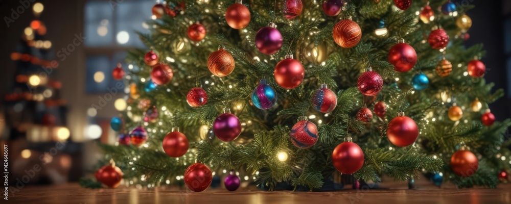 Vibrant baubles adorn a glowing Christmas tree, bokeh lights surround , festive, ornaments Vibrant baubles adorn a glowing Christmas tree, bokeh lights surround , festive, ornaments