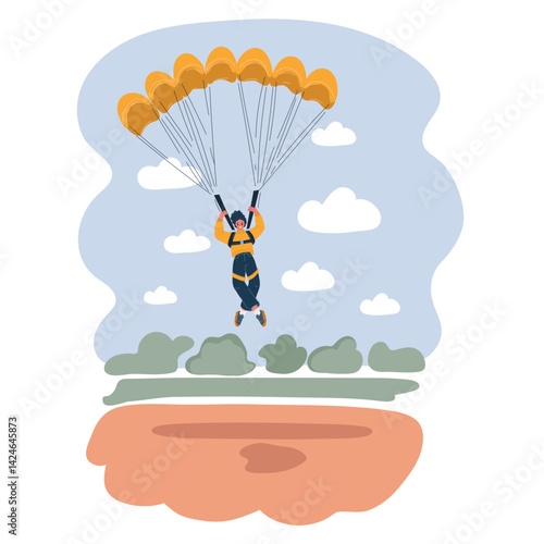 Cartoon vector illustration of a woman descending with a parachute, symbolizing adventure, courage, and freedom