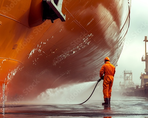 Worker cleans large ship hull dockside