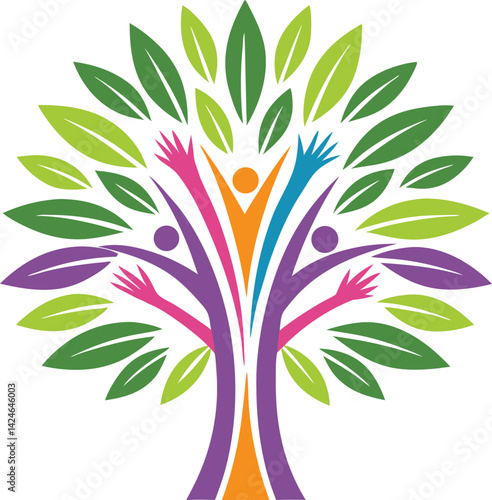 Colorful abstract logo design, stylized tree with hands as trunk, vibrant green leaves (2).eps, Colorful abstract logo design, stylized tree with hands as trunk, vibrant green leaves