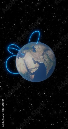 3d representation of connection with neon lines adapting to the rotation of the earth between the five continents three-dimensional animation with arc shot movement and zoom