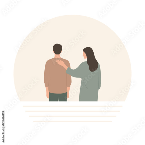 Vector illustration of a woman putting her hand on a man's shoulder, expressing sympathy, care and emotional support in a difficult moment.