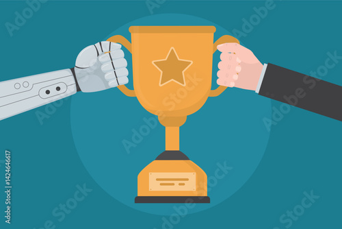 Human and robotic hands holding golden trophy cup. Businessman and robot cooperation, collaboration. First place, goblet. AI skills improvement.