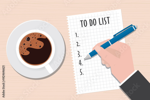 Human hand writing to do list or business plan on white paper sheet. Wishlist on wooden table. Concept of putting goals into wishlist to make them visual.