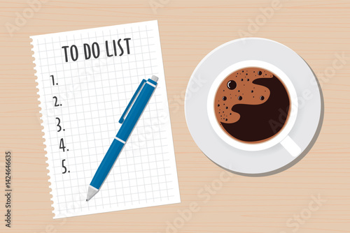To do list or wishlist on a wooden table. Concept of putting goals into wishlist to make them visual. Mockup template, banner. Coffee to set mood, pen and paper sheet.