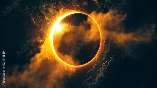 cosmic eclipse with glowing edges, dark background, rich tones, celestial vibe, high detail, cosmic atmosphere, mysterious look