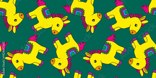 seamless festive pattern with cute cartoon donkeys on emerald green background, colorful design for cinco de mayo party decor, kids fabric or gift wrap