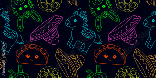 neon seamless mexican cinco de mayo pattern donkey pinata tacos sombreros marigold bright vibrant outlines dark background for textile wrapping paper cards kids coloring pages