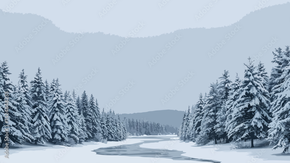 Fototapeta premium Snowy forest with river