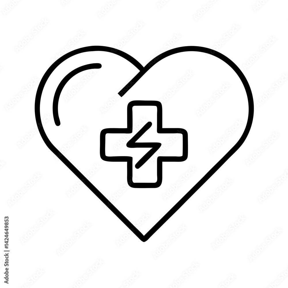 minimalist outline icon of heart with medical cross and lightning, health emergency or cardio care concept, vector line symbol for healthcare minimalist outline icon of heart with medical cross and lightning, health emergency or cardio care concept, vector line symbol for healthcare