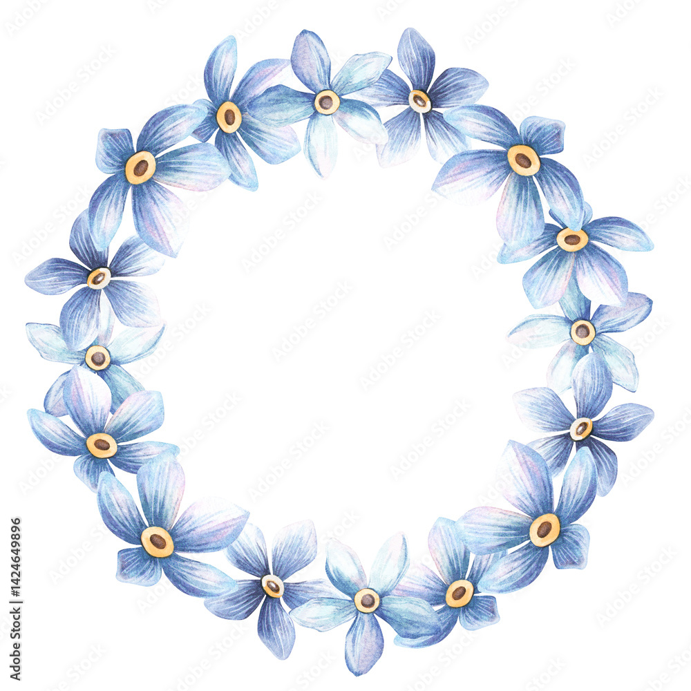 Fototapeta premium Blue flowers forget-me-not blossom wreath. Cute floral spring circle frame with myosotis in bloom. Perfect frame for botanical wedding arrangement, seasonal greeting card, retro love card, postcard