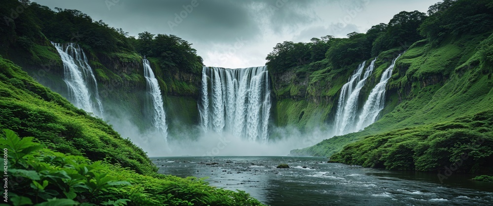 Fototapeta premium Majestic waterfall cascading through lush green landscape.