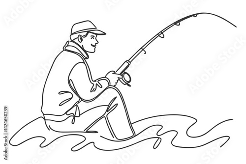 Man Fishing with Rod Line Drawing