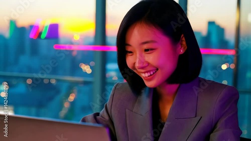 An East Asian woman is happily working on her laptop in a sleek city skyline setting during sunset, surrounded by vibrant colors