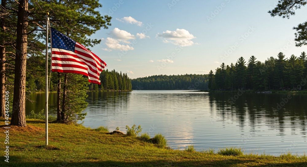 American flag waves proudly over a tranquil lake surrounded by trees American flag waves proudly over a tranquil lake surrounded by trees