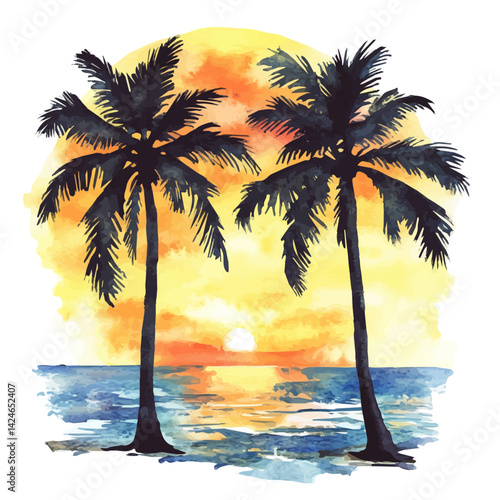 Sunset silhouettes of palm trees by the coast, watercolor illustration, isolated on a white background.

