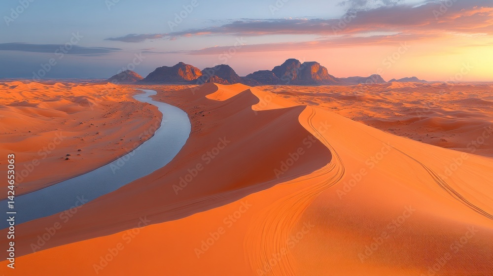 Naklejka premium Desert river sunrise panorama