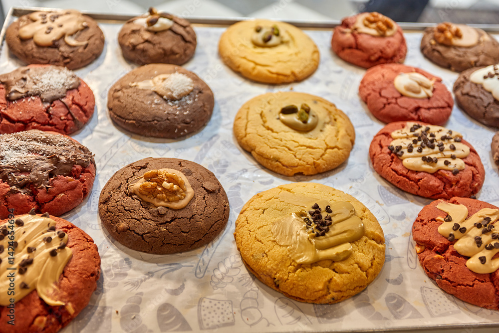 Assorted cookies with different toppings including walnuts, pistachios, chocolate chips and cream on a patterned tray; easter; Assorted cookies with different toppings including walnuts, pistachios, chocolate chips and cream on a patterned tray; easter;