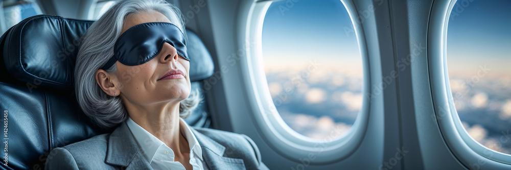 Portrait of mature business woman wearing sleep mask sleeping on airplane