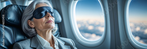 Obraz na płótnie Portrait of mature business woman wearing sleep mask sleeping on airplane w salonie