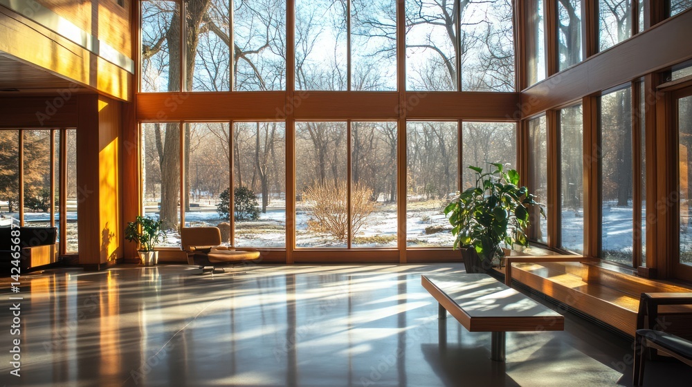 Fototapeta premium Sunlit, spacious interior with expansive windows showcasing winter landscape.