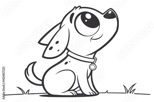 65 Cute cartoon dog, big eye, simple black and white drawing, minimalist style, round shapes, playful pose, tilted head, puppy, adorable character design, clean linework, expressive, kawaii aesthetic,