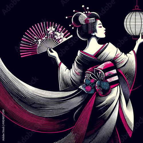 Ornate geisha holding a fan and lantern with flowing robes and intricate details in vibrant colors