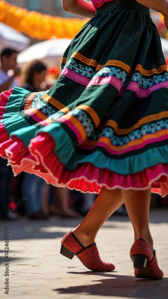 Close-up of a dancer feet in colorful huaraches, showcasing a lively folkloric dance with a swirling vibrant skirt, surrounded by an enthusiastic crowd.