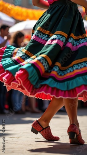 Obraz na płótnie Close-up of a dancer feet in colorful huaraches, showcasing a lively folkloric dance with a swirling vibrant skirt, surrounded by an enthusiastic crowd. w salonie