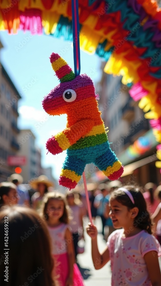 A colorful Pinata swings under an arch adorned with papel picado, while excited children gather around, ready to celebrate during a festive outdoor event.