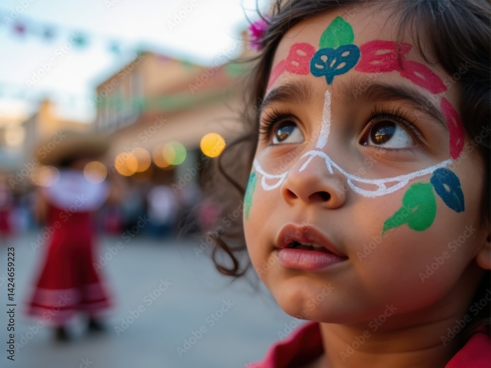 A young child with intricate Mexican face paint looks up in awe at a street performance, surrounded by festive decorations and vibrant activity.