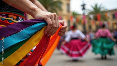 Close-up of a dancer hands firmly gripping vibrant ribbons, mid-performance, with festive decorations and dancers creating a vibrant atmosphere around them.