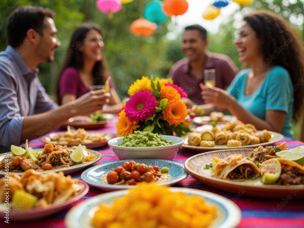 A vibrant table showcases traditional Mexican dishes like tacos, tamales, and guacamole, while friends toast and share laughter, surrounded by colorful decor.