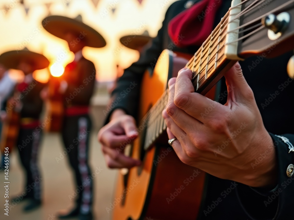A man plays guitar with passion as part of a mariachi band, surrounded by colorful papel picado banners during a vibrant sunset celebration.
