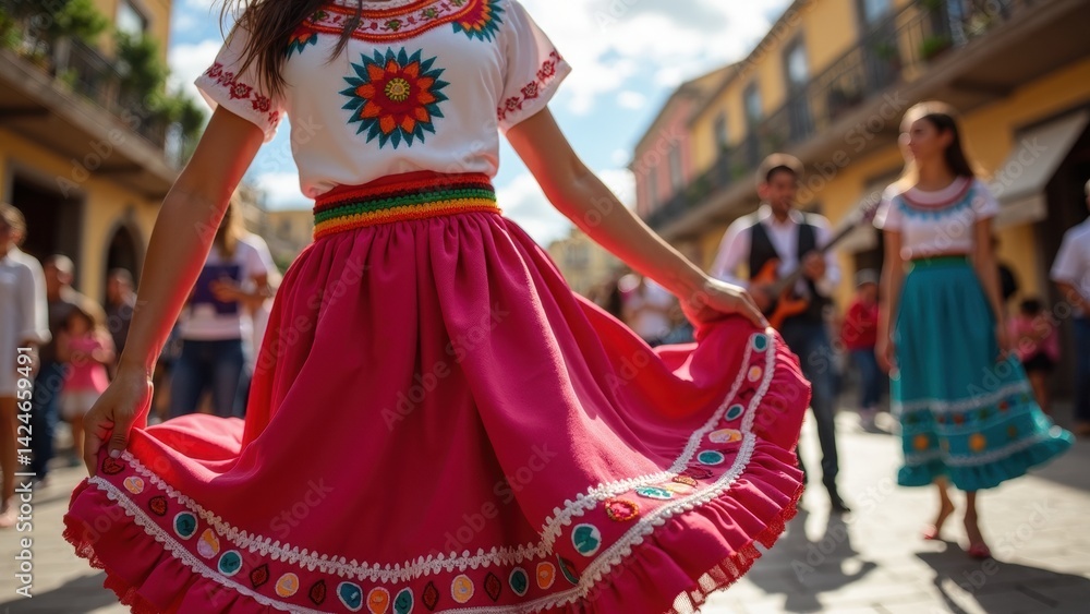 A woman twirls in a beautifully embroidered Mexican dress, showcasing vibrant colors and intricate designs as she dances. People gather in a lively atmosphere.