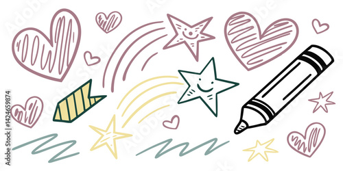 Hand-drawn hearts, colorful swirls, and funky doodles of stars and arrows create an artistic playground for imaginative kids