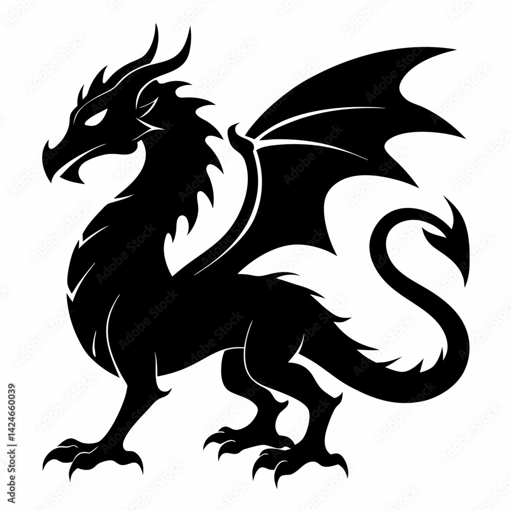 Fototapeta premium Black Dragon Silhouette: Powerful Vector Graphic for Fantasy Designs.