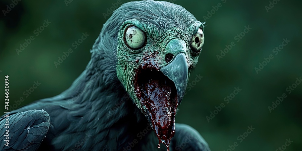 Fototapeta premium vulture sitting on zombie head chewing it -