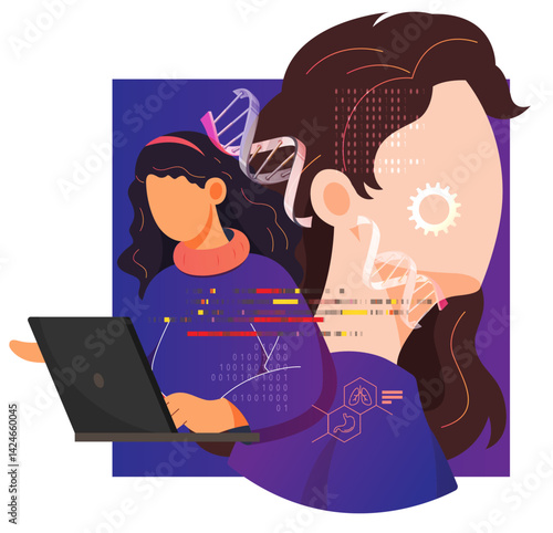 Women in Genetics Research - Gene Editing and Modifying DNA Helix - CRISPR technology - Women Empowerment Through Science - Abstract Illustration