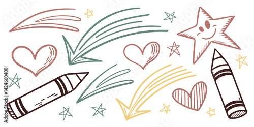 Vibrant crayon strokes, glittery stars, and doodled arrows turn the page into a magical canvas for creative young souls