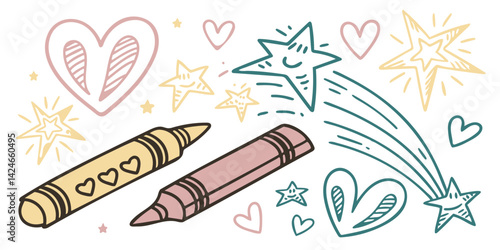 Cheerful sketches of stars, bouncing hearts, and quirky crayons fill the scene with bright energy and artistic inspiration for kids