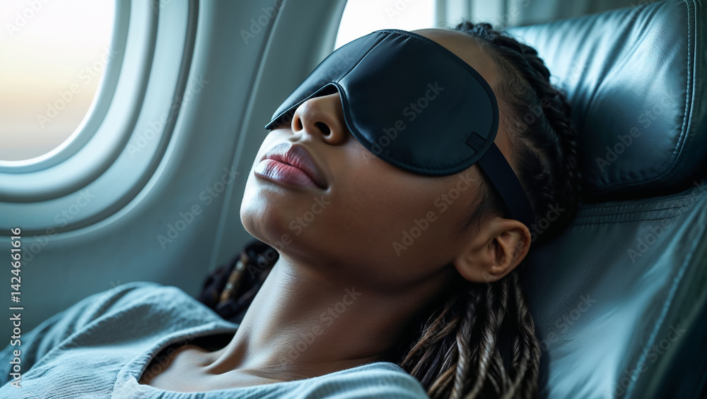 portrait of young African American woman wearing slap mask sleeping he airplane