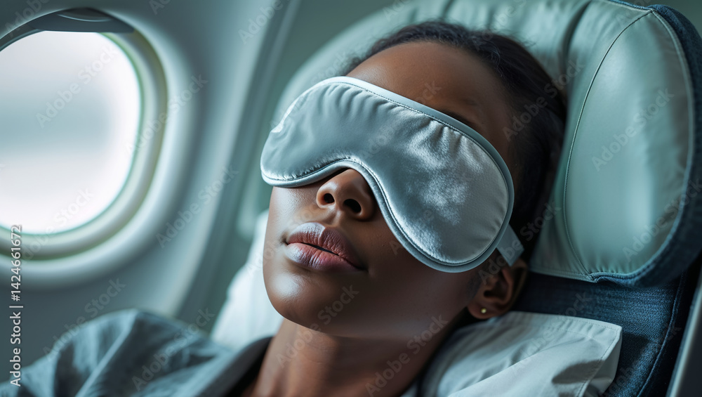 portrait of young African American woman wearing slap mask sleeping he airplane