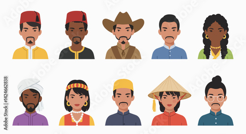 Diverse characters displaying cultural attire and expressions  