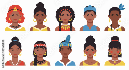 Diverse Women in Traditional Outfits Facing Forward on White Background  