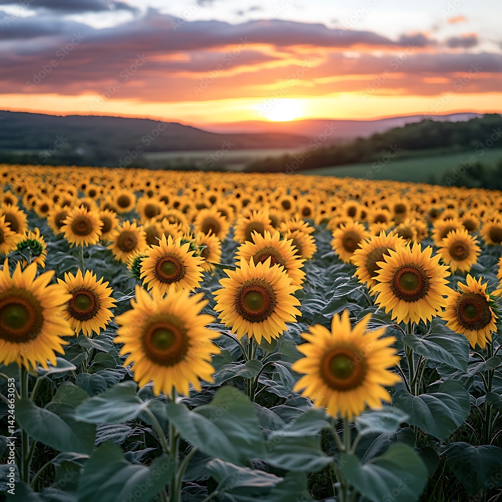 Fototapeta premium Sunflower Field Glowing And Radiant Golden Summer Sunlight Scenic Picture