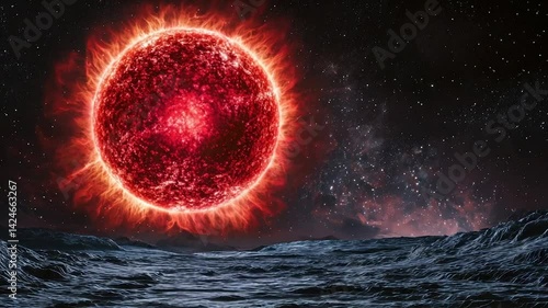 Fiery red giant star dominates a desolate, icy landscape under a starlit sky