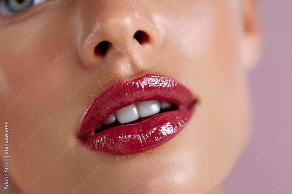 Obraz premium This image showcases a close-up view of luscious red lips, sparkling with gloss, emphasizing beauty and the allure of cosmetic artistry and self-expression in makeup.